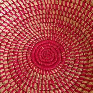 Handcrafted African Raffia Wall Basket 12 Inch Red Tan Spiral Woven Decor